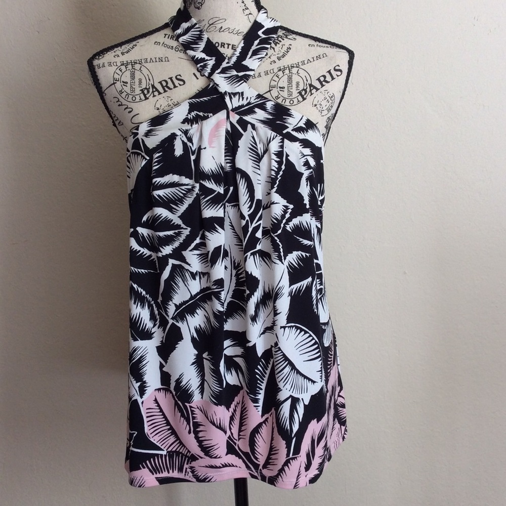 Express Pink & Black Tropical Leaf Halter Top